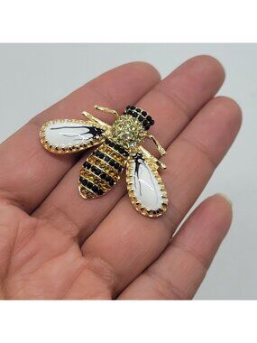 Bee-Shaped Rhinestone Brooch Pin With Gold-Tone Finish Black & White Wings Yello